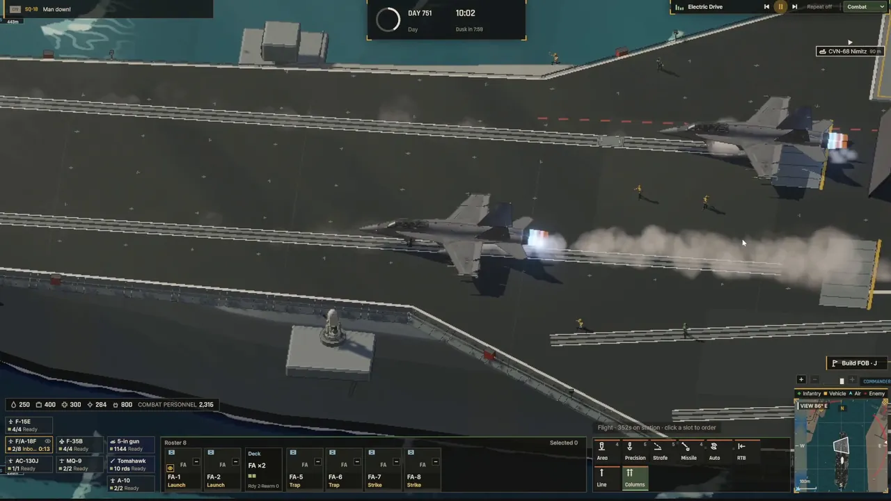 Ebbtide carrier flight deck screenshot shows catapult launches as a contrast point to smaller-scale Steam zombie RTS base builders listed here.