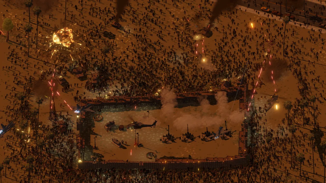 Ebbtide FAQ screenshot shows a walled forward operating base with helicopters and guns at dusk while a zombie horde presses against its walls before launch.