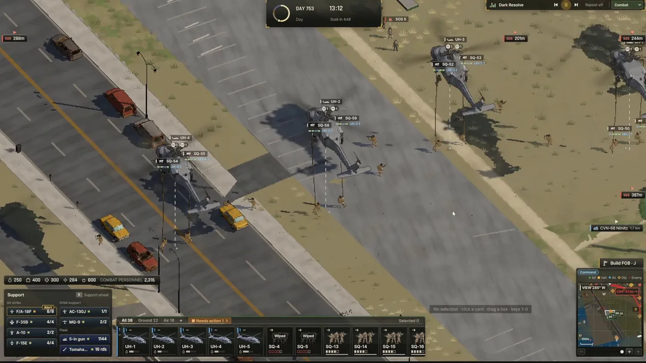 Ebbtide transport helicopters hover over a roadside field while soldiers fast-rope from ropes during an infantry insertion scene