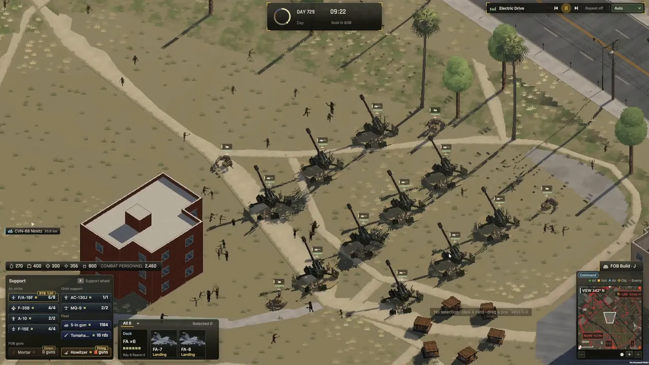 Ebbtide howitzer battery screenshot shows artillery lined up near palm trees with a firing support panel for hardware expectations.