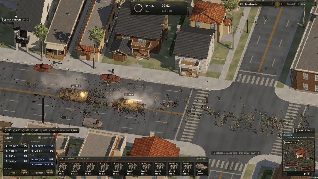 Ebbtide pre-release FAQ screenshot shows tanks and infantry in a suburban street battle with support panels visible on screen.