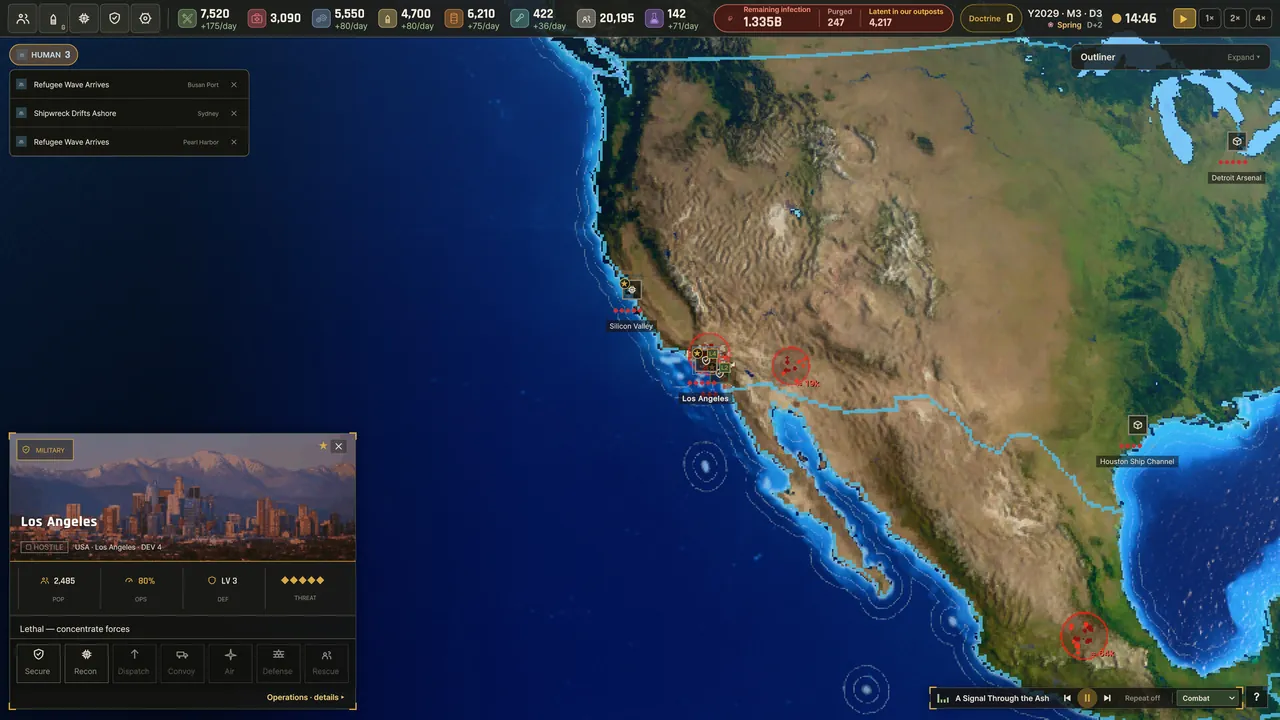 Ebbtide world map screenshot shows North America with a Los Angeles city card during pre-release platform planning.