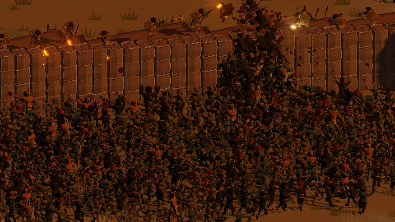 Ebbtide zombies stacking and climbing an FOB wall while defenders fire downward in orange-tinted development combat footage.